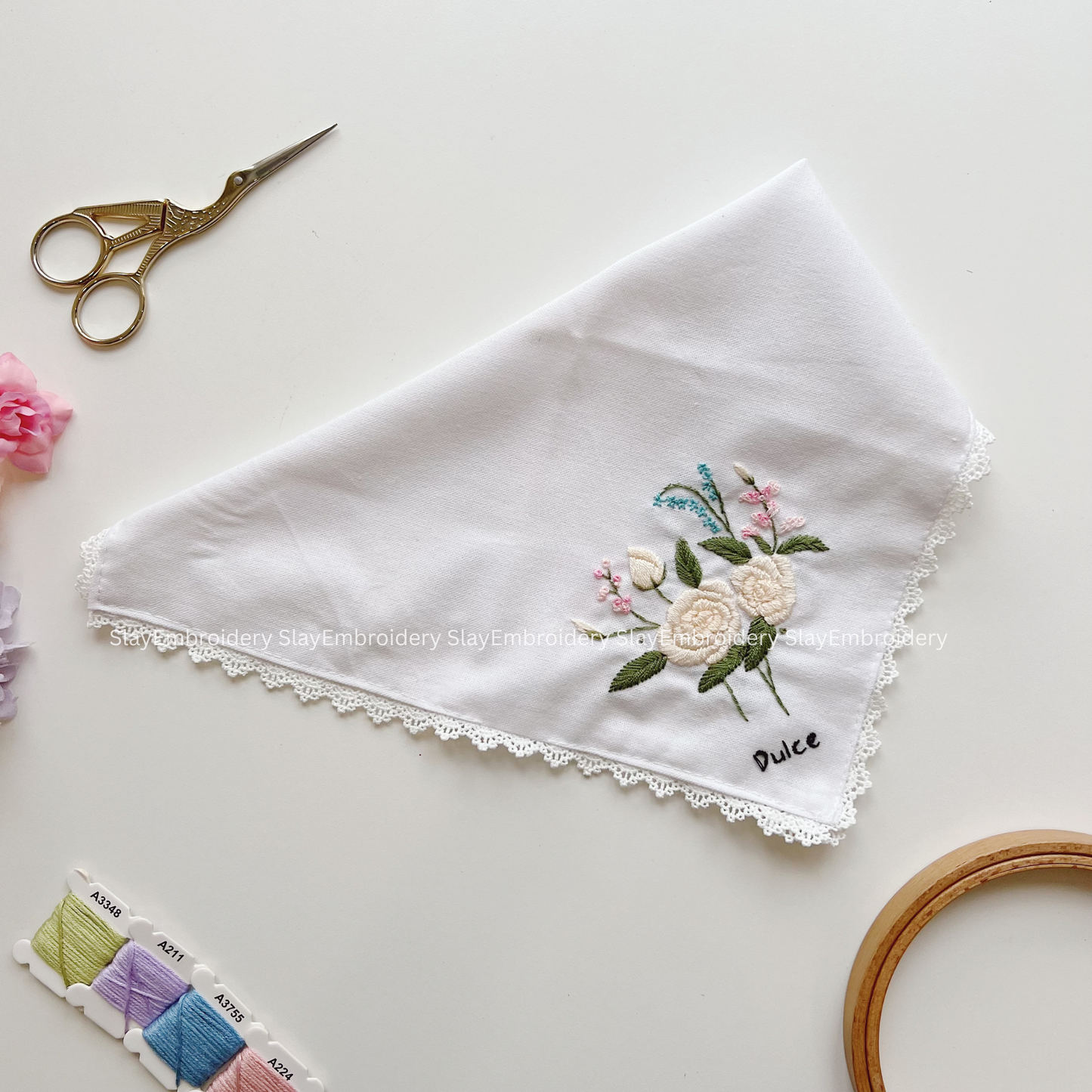 White Roses Wedding Handkerchief, Custom Embroidered Handkerchief, Linen Handkerchiefs