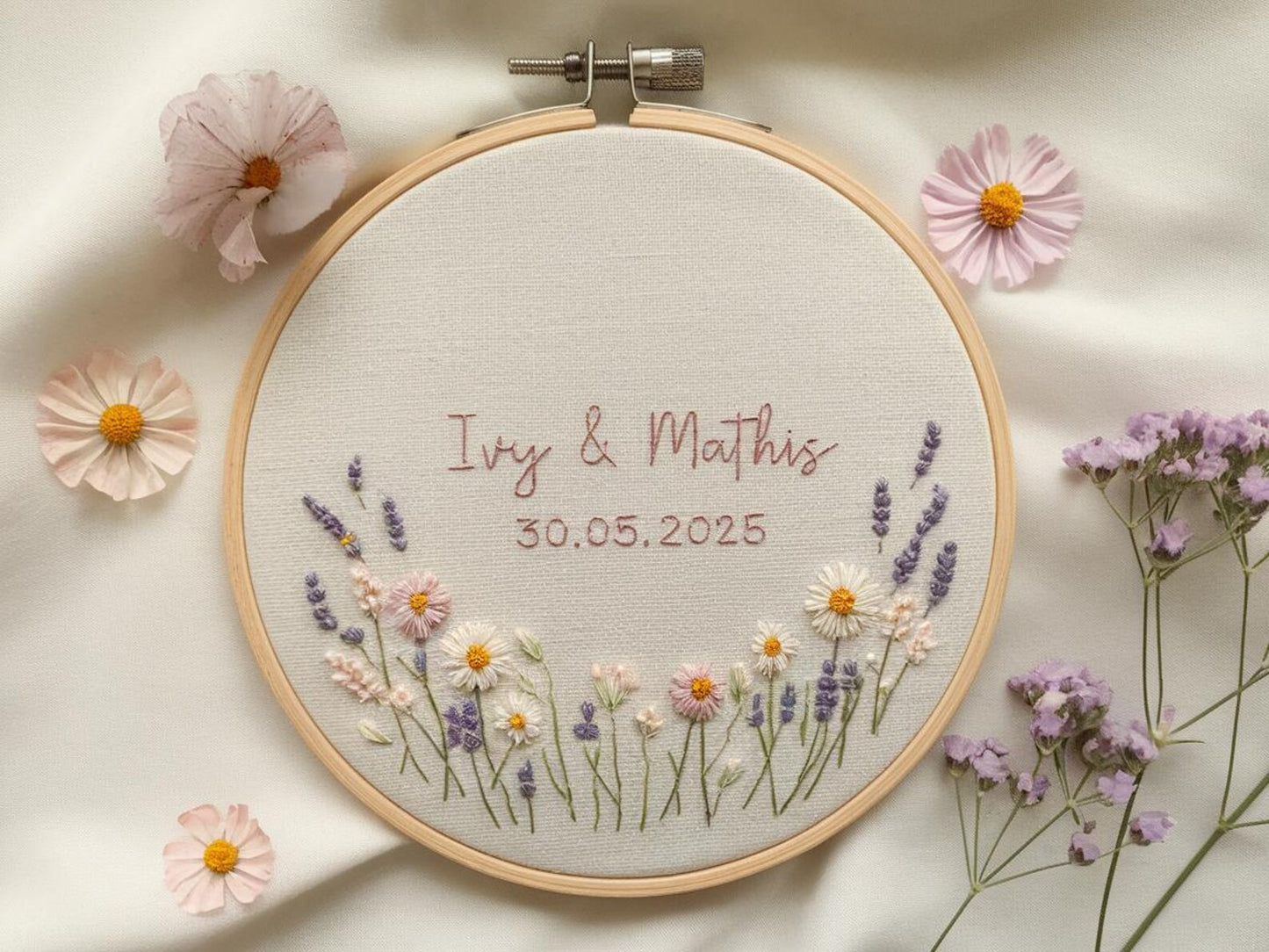 Custom Wedding Embroidery Hoop with Flowers and Names – Personalized Hand Embroidered Wildflowers Gift for Couple, Anniversary
