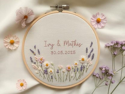Custom Wedding Embroidery Hoop with Flowers and Names – Personalized Hand Embroidered Wildflowers Gift for Couple, Anniversary