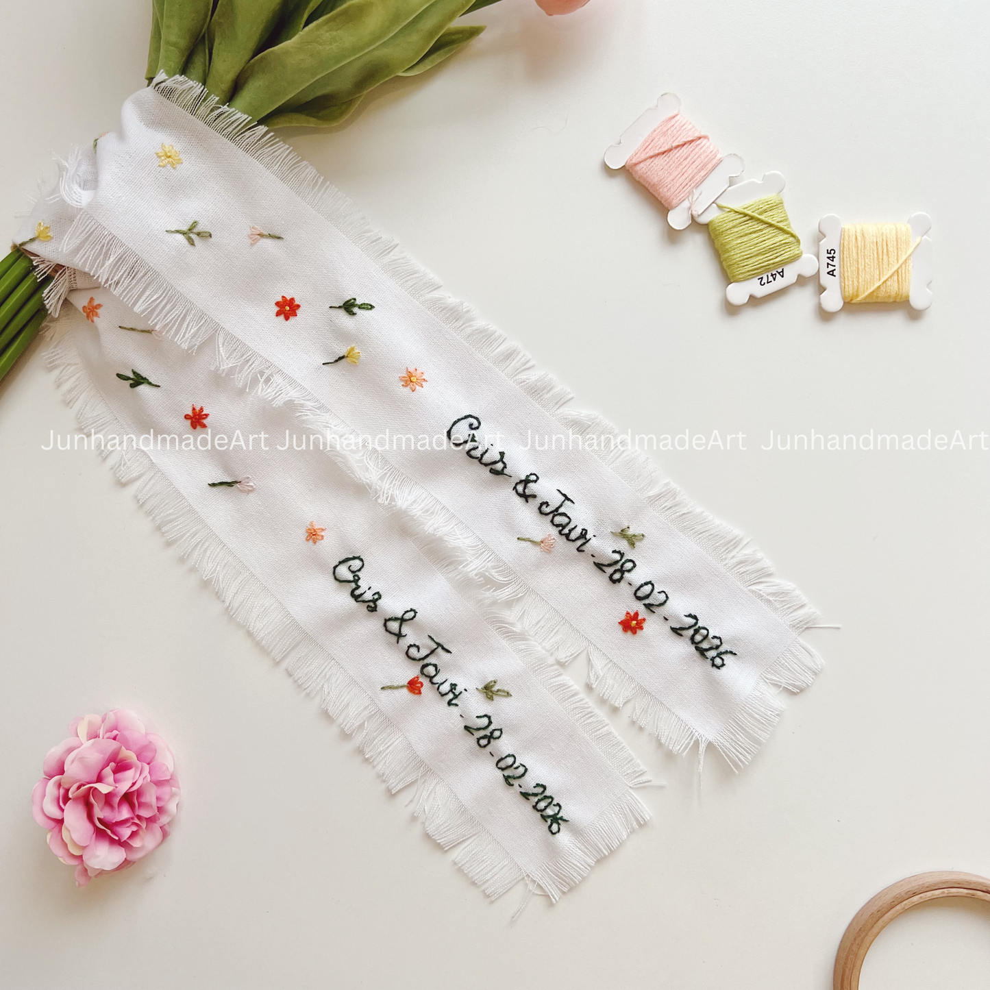 Wild Flowers Embroidered Wedding Ribbon – Custom Linen Tie for Bouquet or Hair, Hand-stitched with Names & Date, Bridal Keepsake Gift