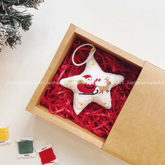 Santa Clause Cup Christmas Star Ornament – Hand Embroidered Linen Floral Ornament – Custom Christmas Gift Decoration