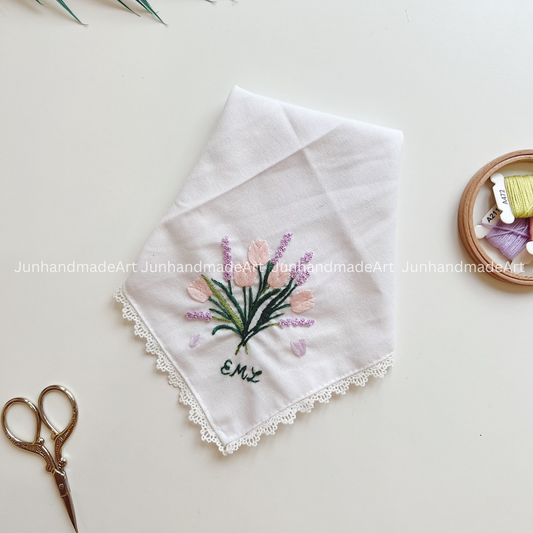 Spring Flowers Handkerchief, Custom Embroidered Handkerchief, Linen Handkerchiefs