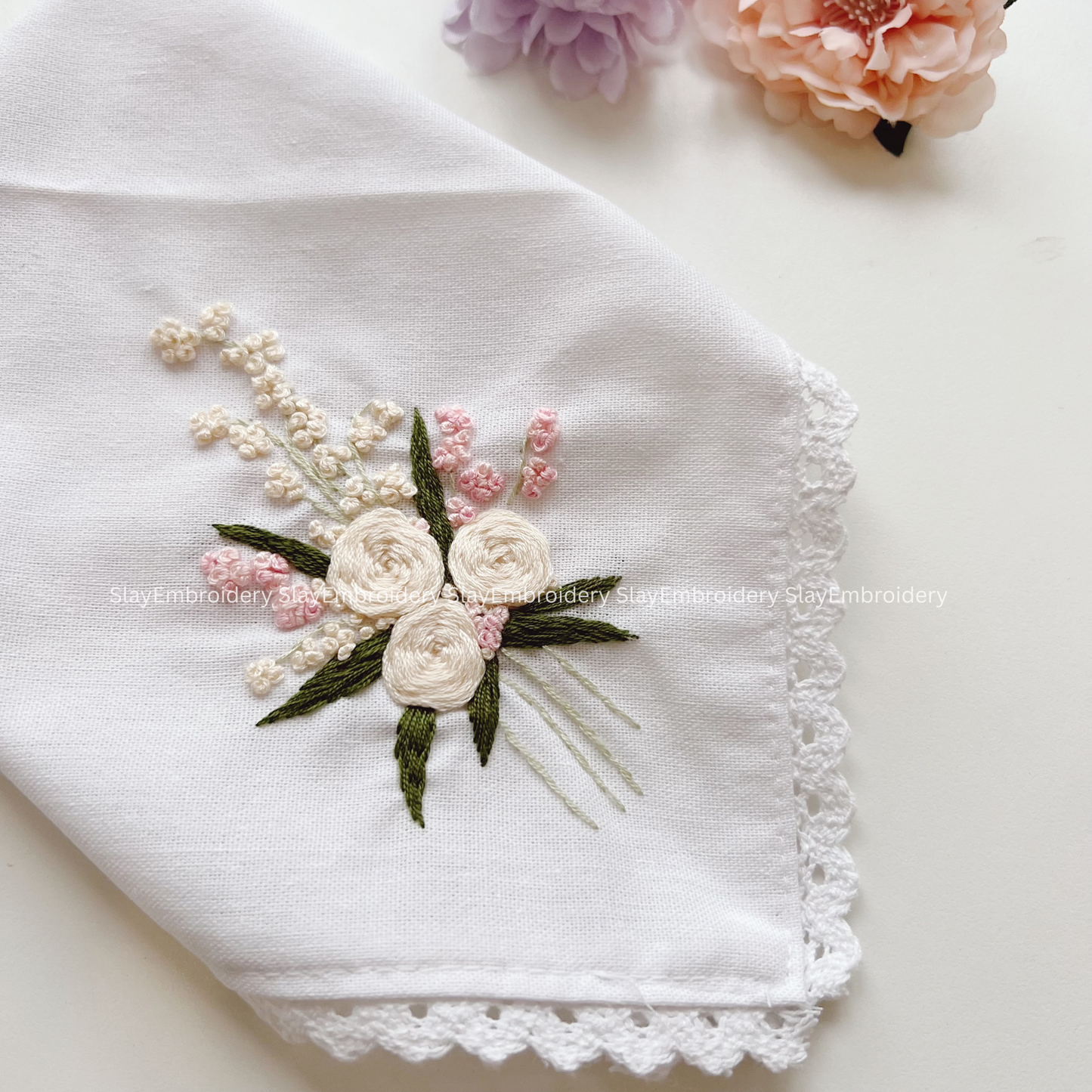 Rose Wedding Handkerchief, Custom Embroidered Handkerchief, Linen Handkerchiefs