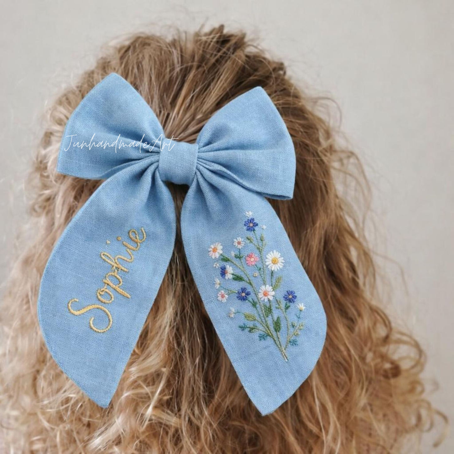 Personalized Linen Hair Bow – Hand Embroidered Flower Bow with Initial – Custom Name Text Bow for Girls, Handmade Hairpin Bow for Girl
