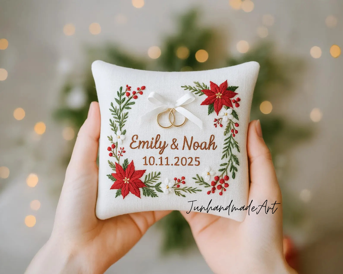 Personalized Embroidered Ring Bearer Pillow, Winter Leaf Linen Wedding Gift, Hand Embroidery Ring Holder Leaf Woodland Pillow, Custom Name