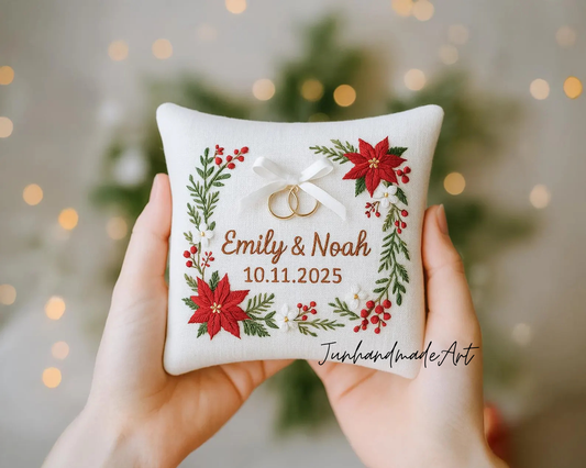 Personalized Embroidered Ring Bearer Pillow, Winter Leaf Linen Wedding Gift, Hand Embroidery Ring Holder Leaf Woodland Pillow, Custom Name