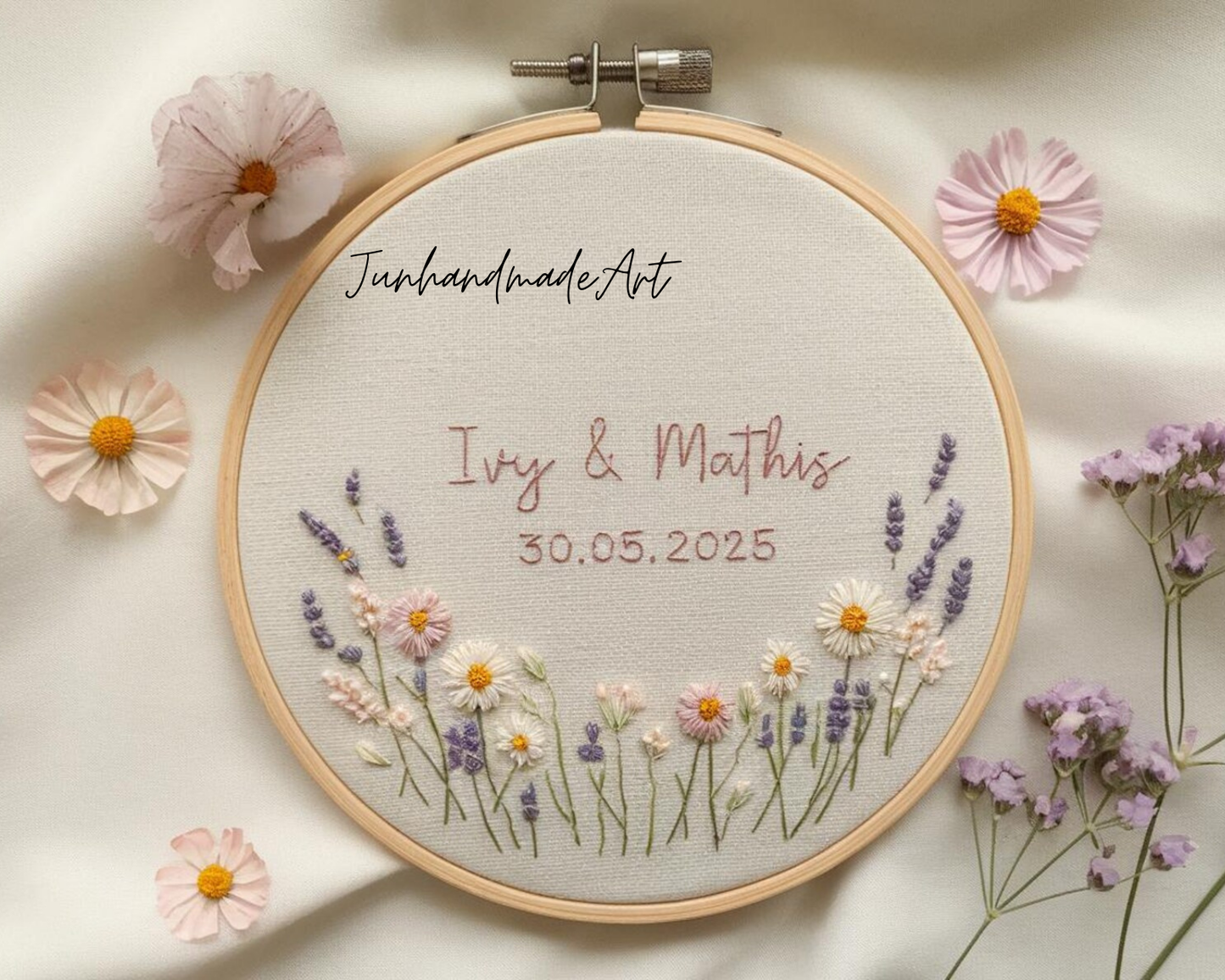 Custom Wedding Embroidery Hoop with Flowers and Names – Personalized Hand Embroidered Wildflowers Gift for Couple, Anniversary