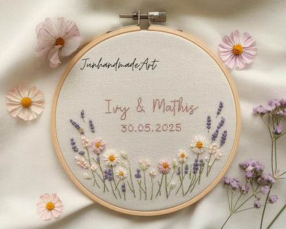 Custom Wedding Embroidery Hoop with Flowers and Names – Personalized Hand Embroidered Wildflowers Gift for Couple, Anniversary