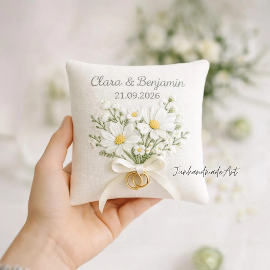 Personalized Embroidered Ring Bearer Pillow, Custom Linen Wedding Cushion, Hand Embroidery Ring Holder, Floral Ring Pillow, Wedding Gift