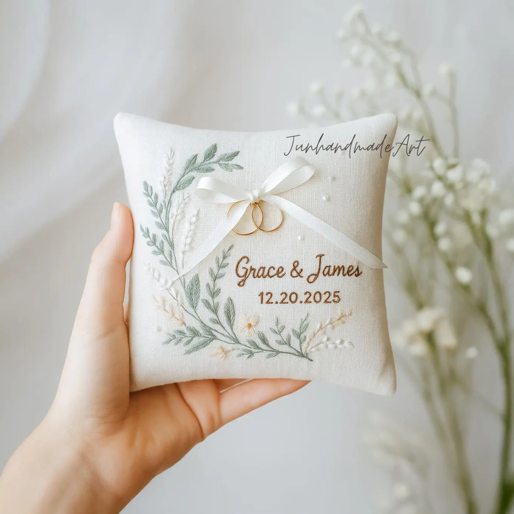 Personalized Embroidered Ring Bearer Pillow, Winter Flower Linen Wedding Gift, Hand Embroidery Ring Holder Leaf Woodland Pillow, Custom Name
