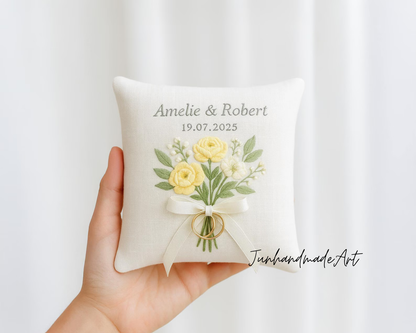 Personalized Embroidered Ring Bearer Pillow, Custom Linen Wedding Cushion, Hand Embroidery Ring Holder, Floral Ring Pillow, Wedding Gift