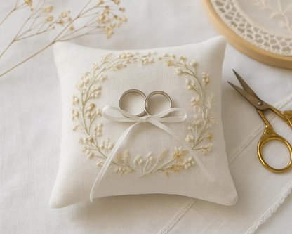 Personalized Embroidered Ring Bearer Pillow, Custom Linen Wedding Cushion, Hand Embroidery Ring Holder, Floral Ring Pillow, Wedding Gift