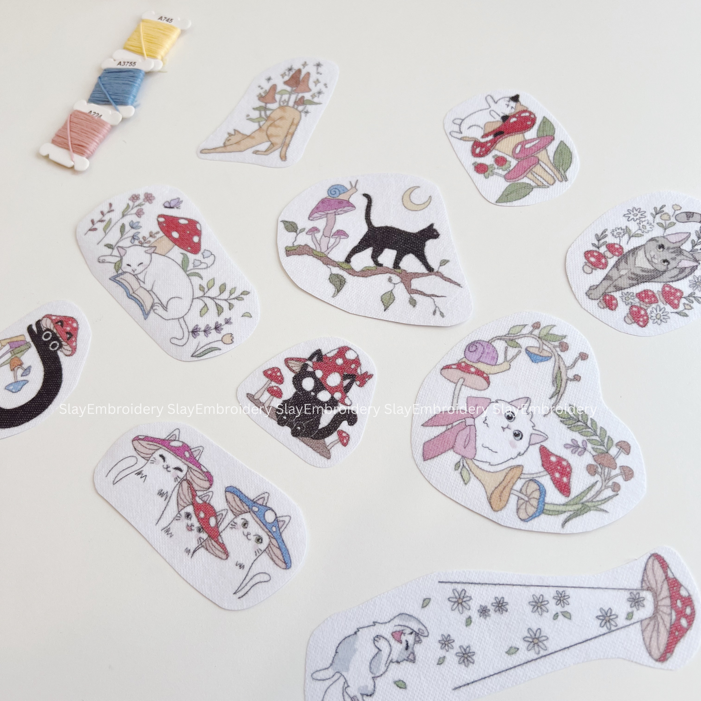 Cat & Mushroom Embroidery Pattern For Beginner Easy To Use Stick and Stitch