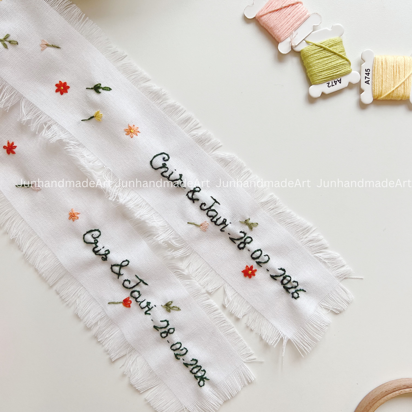 Wild Flowers Embroidered Wedding Ribbon – Custom Linen Tie for Bouquet or Hair, Hand-stitched with Names & Date, Bridal Keepsake Gift