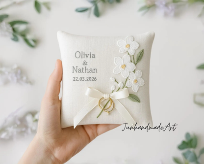 Personalized Embroidered Ring Bearer Pillow, Custom Linen Wedding Cushion, Hand Embroidery Ring Holder, Floral Ring Pillow, Wedding Gift