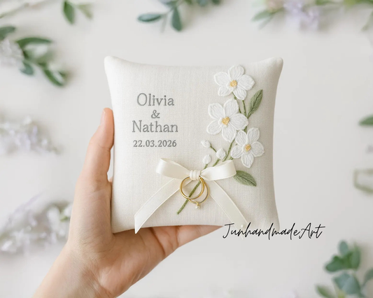 Personalized Embroidered Ring Bearer Pillow, Custom Linen Wedding Cushion, Hand Embroidery Ring Holder, Floral Ring Pillow, Wedding Gift