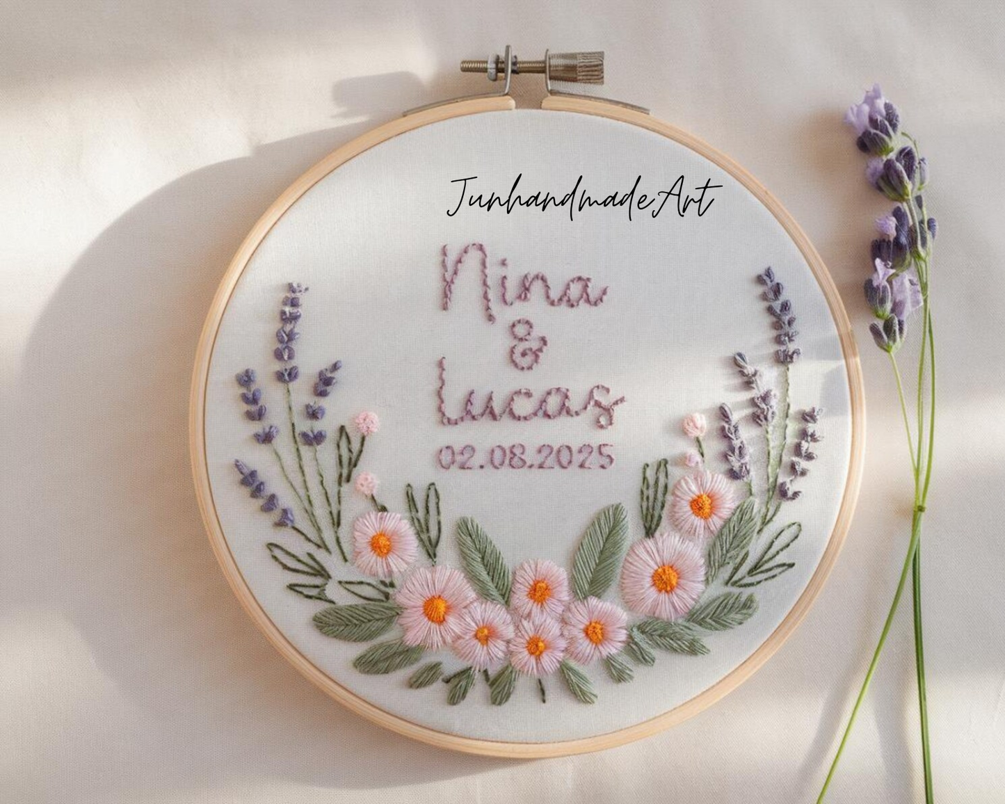Custom Wedding Embroidery Hoop with Flowers and Names – Personalized Hand Embroidered Wildflowers Gift for Couple, Anniversary