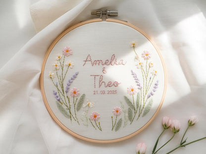 Custom Wedding Embroidery Hoop with Flowers and Names – Personalized Hand Embroidered Wildflowers Gift for Couple, Anniversary