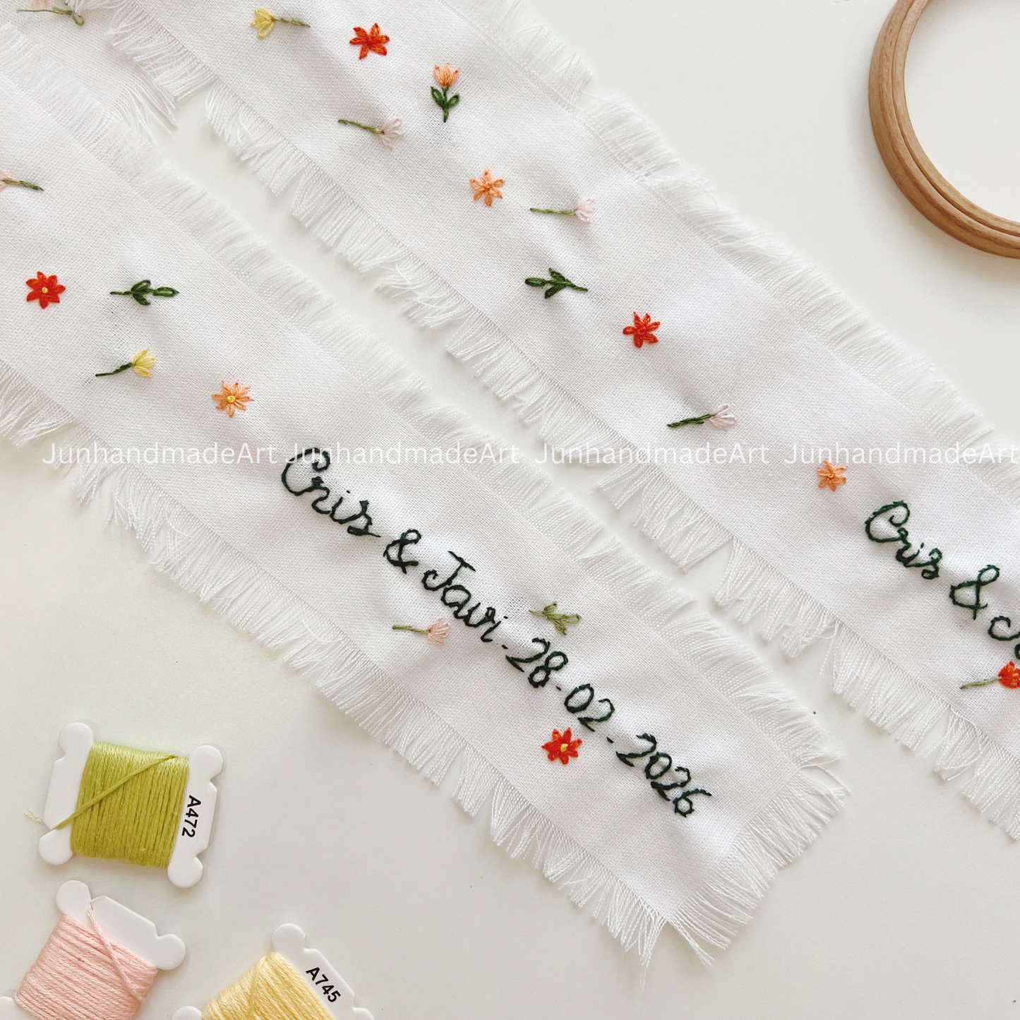 Wild Flowers Embroidered Wedding Ribbon – Custom Linen Tie for Bouquet or Hair, Hand-stitched with Names & Date, Bridal Keepsake Gift
