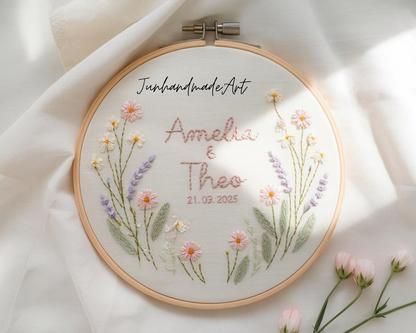 Custom Wedding Embroidery Hoop with Flowers and Names – Personalized Hand Embroidered Wildflowers Gift for Couple, Anniversary