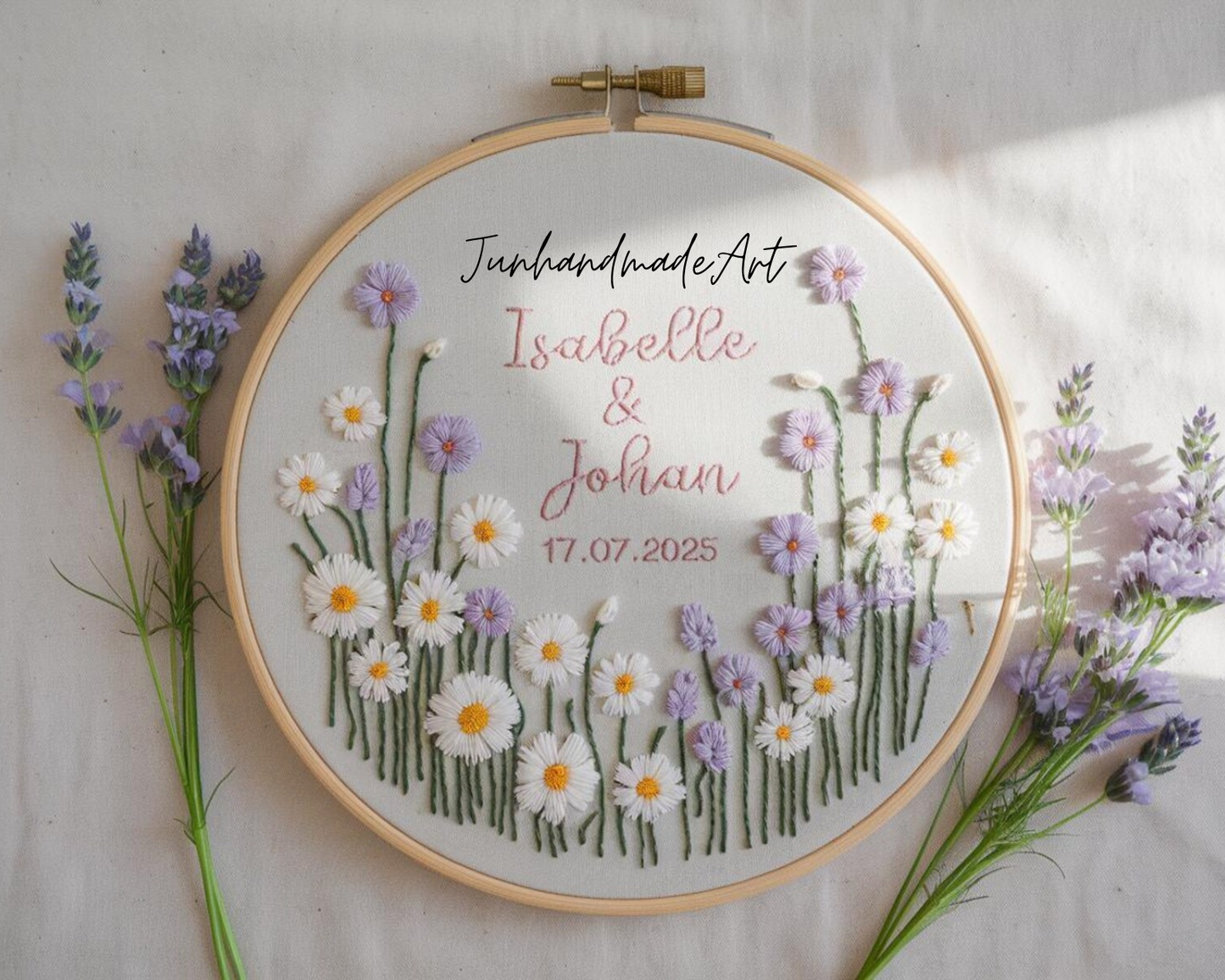 Custom Wedding Embroidery Hoop with Flowers and Names – Personalized Hand Embroidered Wildflowers Gift for Couple, Anniversary