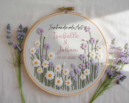 Custom Wedding Embroidery Hoop with Flowers and Names – Personalized Hand Embroidered Wildflowers Gift for Couple, Anniversary