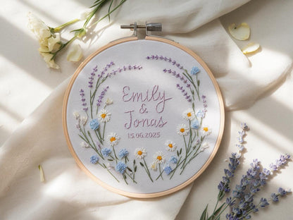 Custom Wedding Embroidery Hoop with Flowers and Names – Personalized Hand Embroidered Wildflowers Gift for Couple, Anniversary