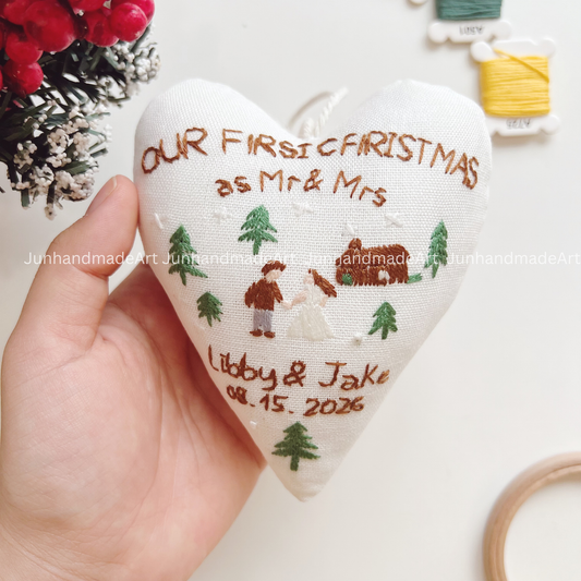 Wedding Holiday Heart Ornament – Hand Embroidered Linen Floral Ornament – Custom Christmas Gift Decoration