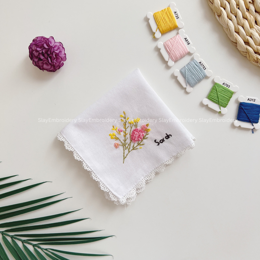Pastel Daisy Flowers Wedding Handkerchief, Custom Embroidered Handkerchief, Linen Handkerchiefs