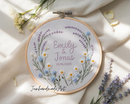 Custom Wedding Embroidery Hoop with Flowers and Names – Personalized Hand Embroidered Wildflowers Gift for Couple, Anniversary