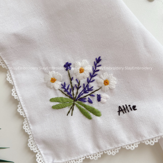 Daisy Lavender Sky Garden Wedding Handkerchief, Custom Embroidered Handkerchief, Linen Handkerchiefs