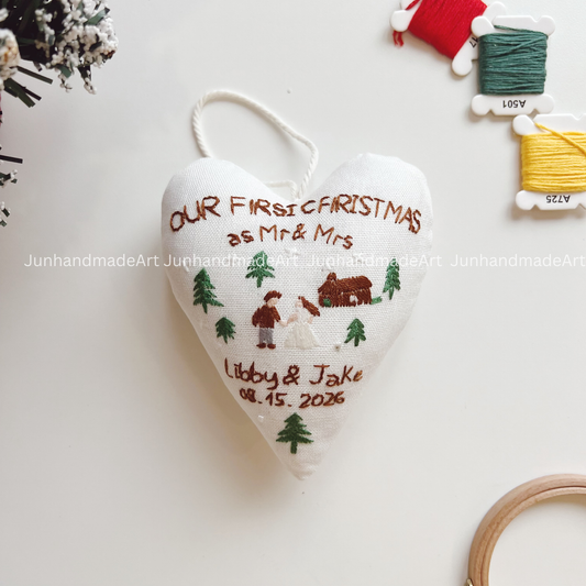Wedding Holiday Heart Ornament – Hand Embroidered Linen Floral Ornament – Custom Christmas Gift Decoration