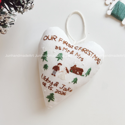 Wedding Holiday Heart Ornament – Hand Embroidered Linen Floral Ornament – Custom Christmas Gift Decoration