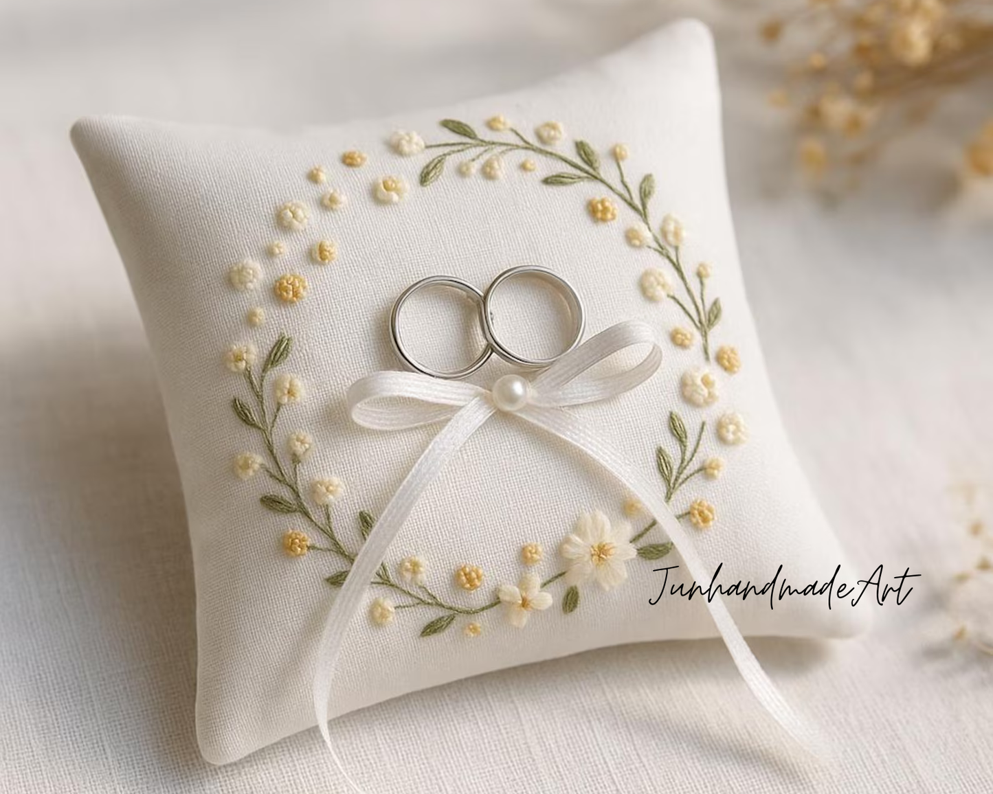 Personalized Embroidered Ring Bearer Pillow, Custom Linen Wedding Cushion, Hand Embroidery Ring Holder, Floral Ring Pillow, Wedding Gift
