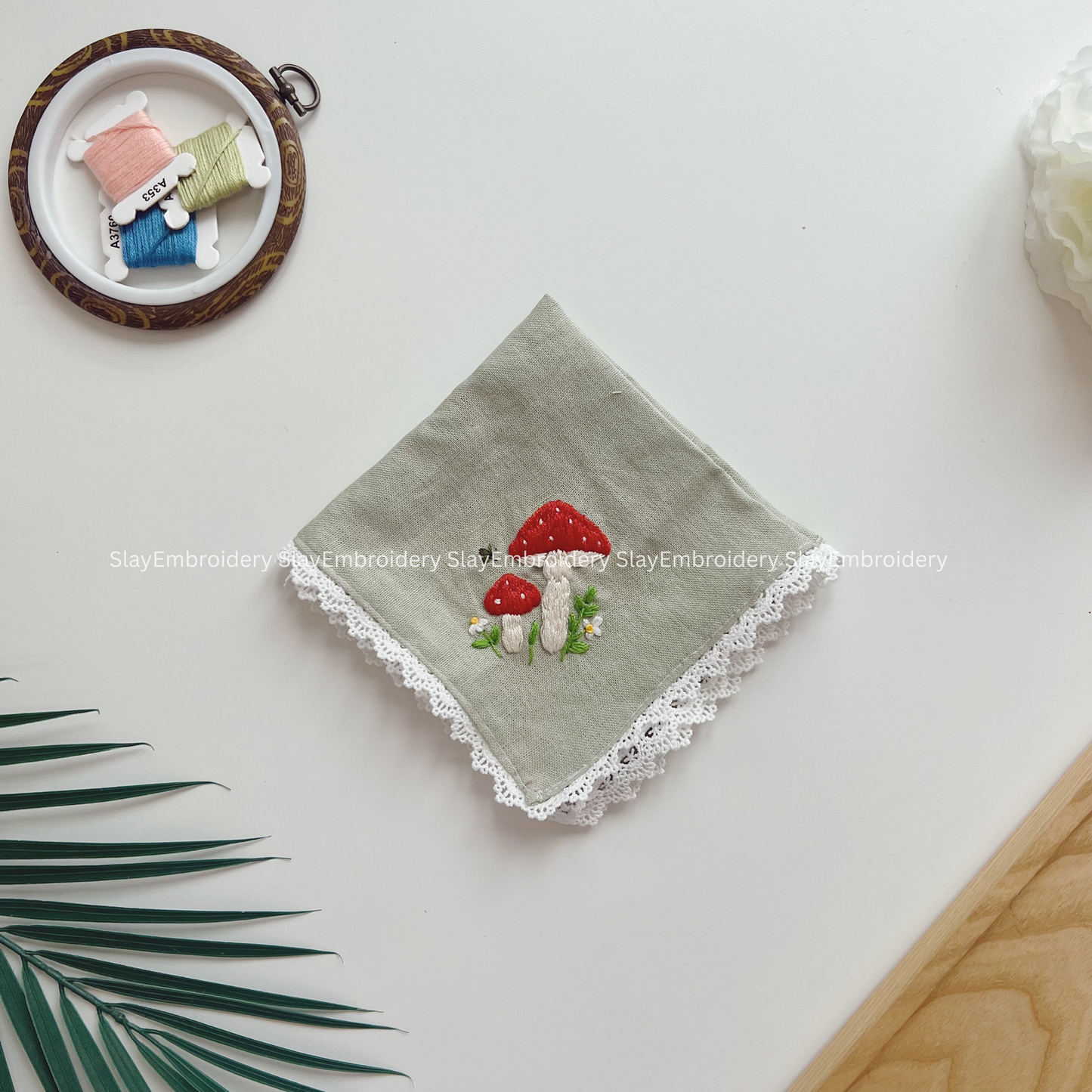 Under The Mushrooms Wedding Handkerchief, Custom Embroidered Handkerchief, Linen Handkerchiefs