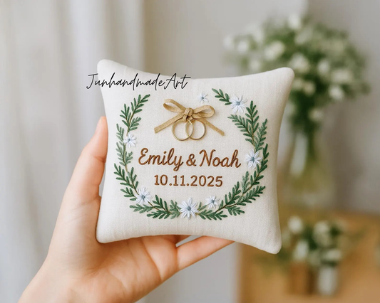 Personalized Embroidered Ring Bearer Pillow, Winter Leaf Linen Wedding Gift, Hand Embroidery Ring Holder Leaf Woodland Pillow, Custom Name