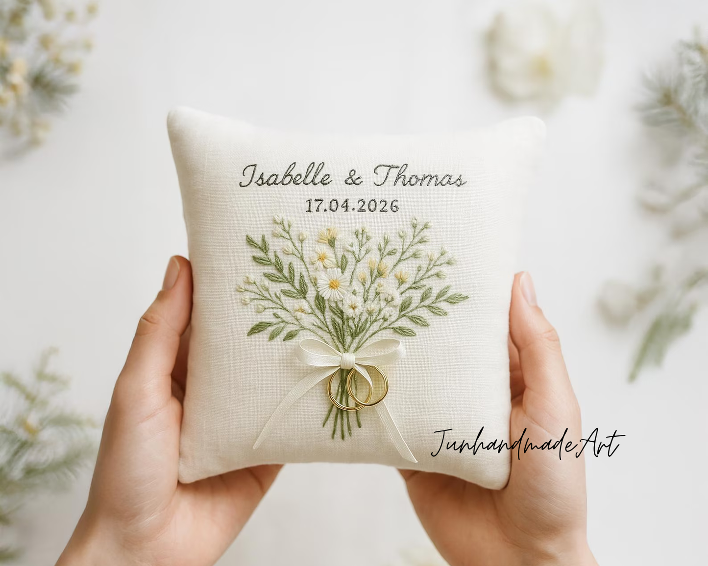 Personalized Embroidered Ring Bearer Pillow, Custom Linen Wedding Cushion, Hand Embroidery Ring Holder, Floral Ring Pillow, Wedding Gift