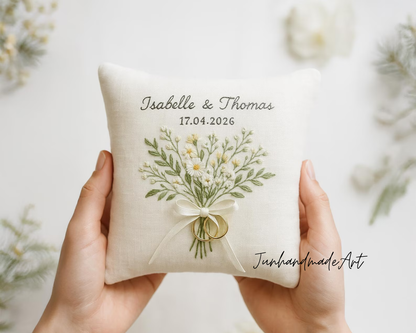 Personalized Embroidered Ring Bearer Pillow, Custom Linen Wedding Cushion, Hand Embroidery Ring Holder, Floral Ring Pillow, Wedding Gift