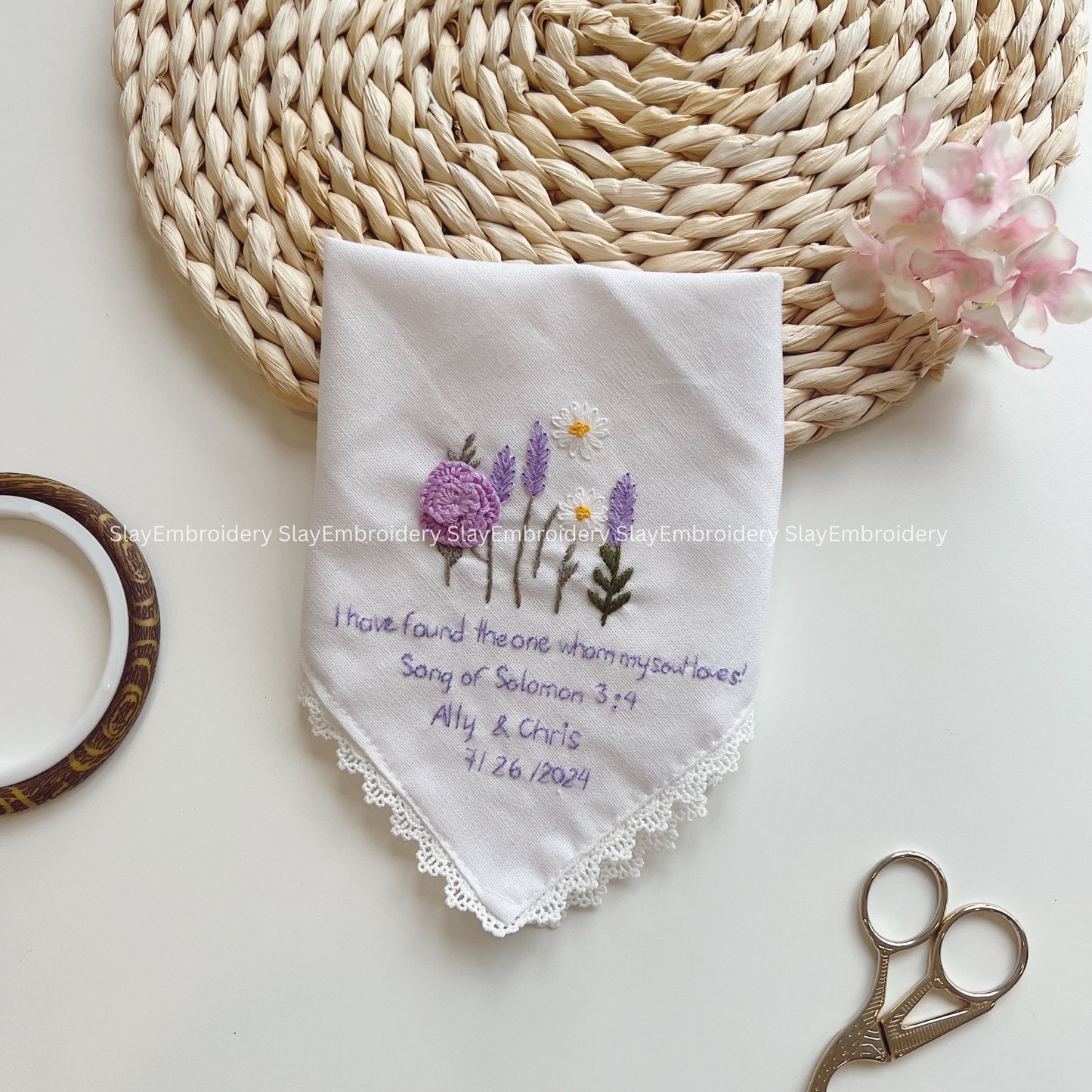 Soft Meadow Wedding Handkerchief, Custom Embroidered Handkerchief, Linen Handkerchiefs