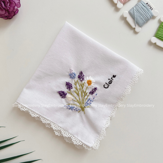 Fields Of Lavender Light Wedding Handkerchief, Custom Embroidered Handkerchief, Linen Handkerchiefs
