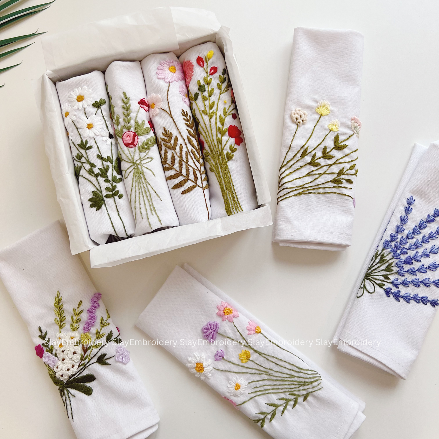 Floral Embroidered Linen Napkins – Elegant Floral Napkin – Rustic Wedding Table Decor Housewarming Gift, for Her or Hostess