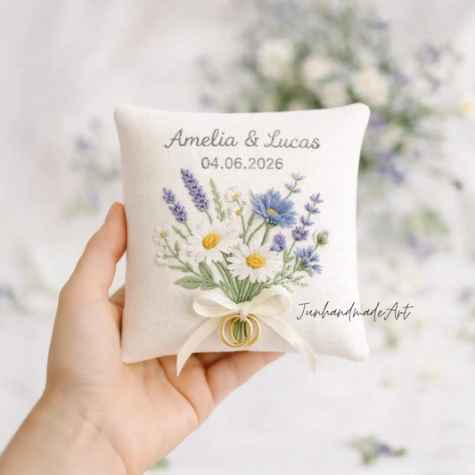 Personalized Embroidered Ring Bearer Pillow, Custom Linen Wedding Cushion, Hand Embroidery Ring Holder, Floral Ring Pillow, Wedding Gift