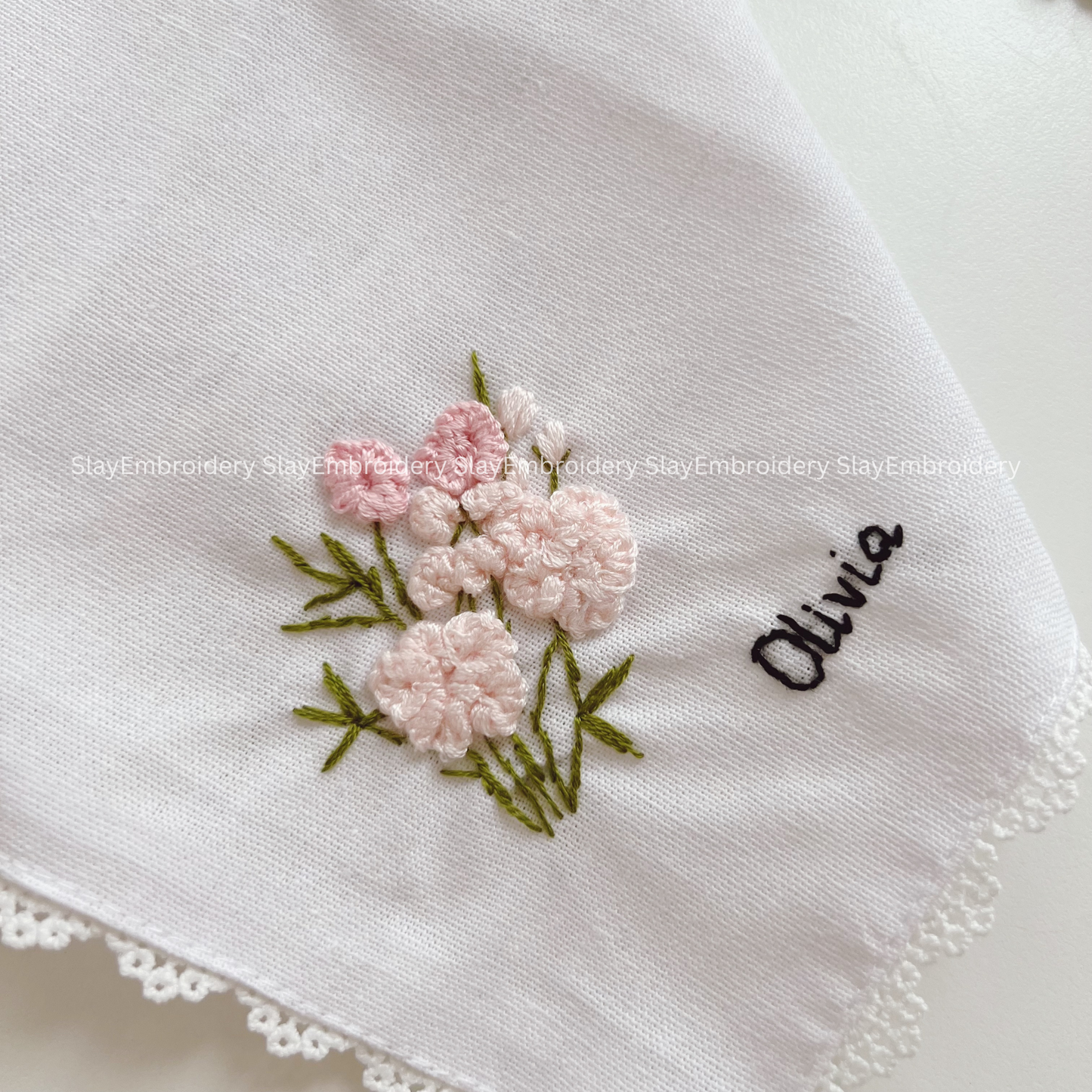 Rosy Daydream Wedding Handkerchief, Custom Embroidered Handkerchief, Linen Handkerchiefs