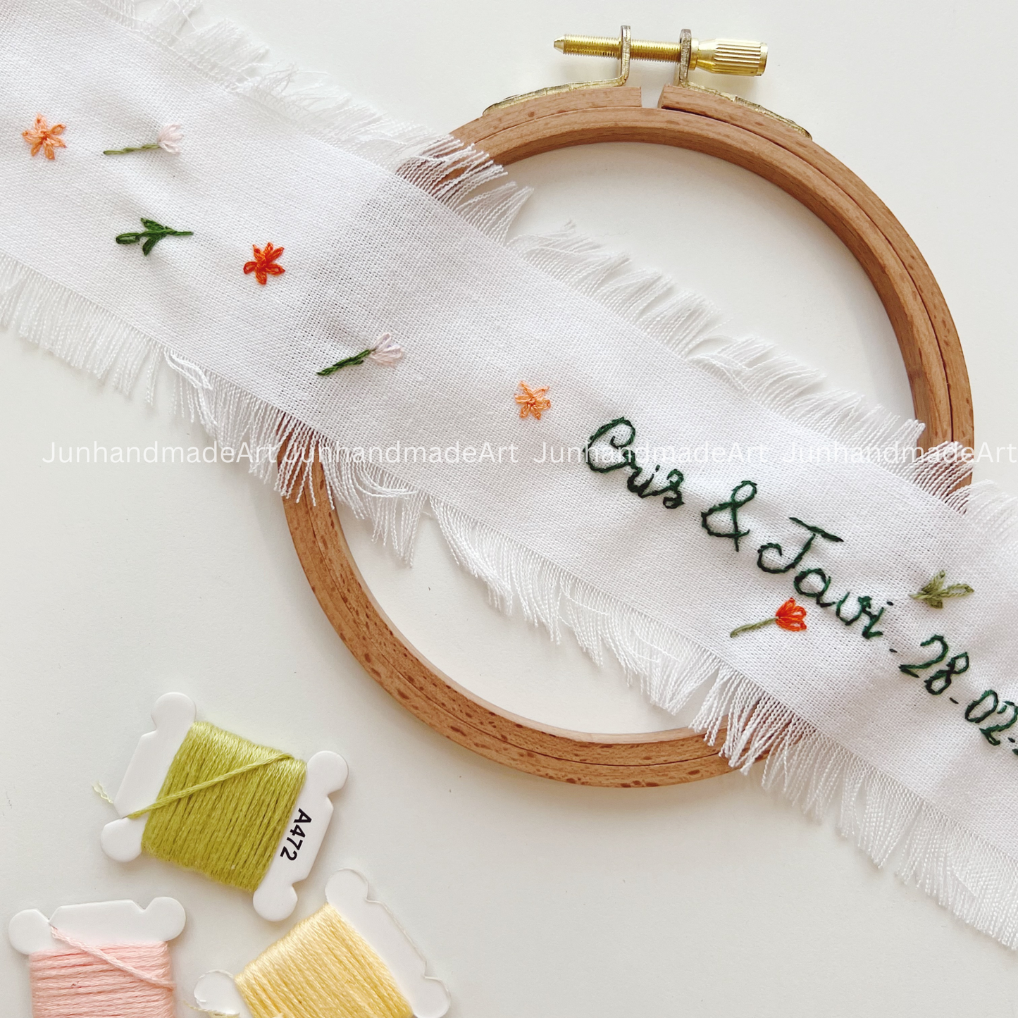 Wild Flowers Embroidered Wedding Ribbon – Custom Linen Tie for Bouquet or Hair, Hand-stitched with Names & Date, Bridal Keepsake Gift