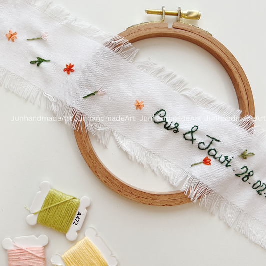 Wild Flowers Embroidered Wedding Ribbon – Custom Linen Tie for Bouquet or Hair, Hand-stitched with Names & Date, Bridal Keepsake Gift