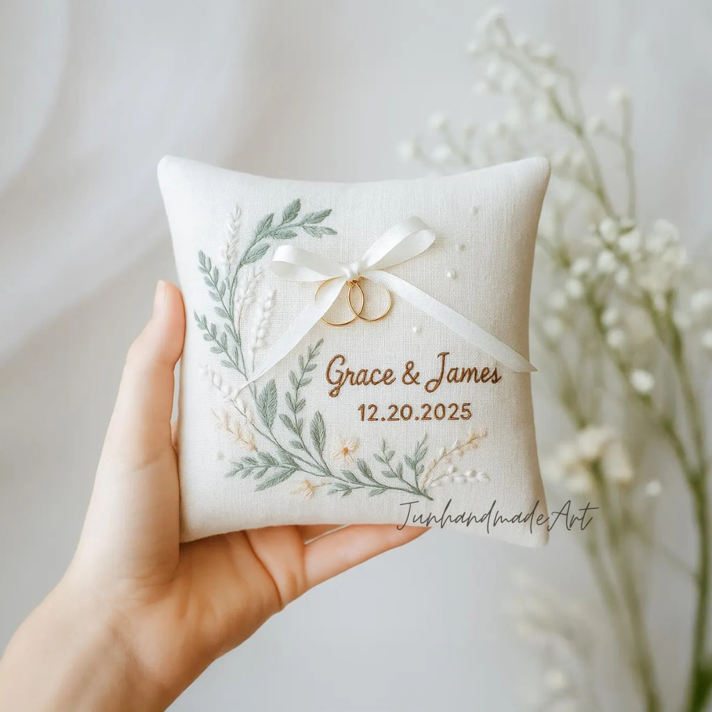Personalized Embroidered Ring Bearer Pillow, Winter Flower Linen Wedding Gift, Hand Embroidery Ring Holder Leaf Woodland Pillow, Custom Name