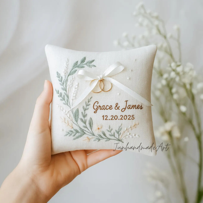 Personalized Embroidered Ring Bearer Pillow, Winter Flower Linen Wedding Gift, Hand Embroidery Ring Holder Leaf Woodland Pillow, Custom Name