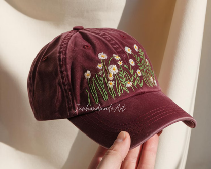 Embroidered Flower Hat – Vintage Washed Baseball Cap, Floral Cotton Hat, Soft Aesthetic Gift for Her