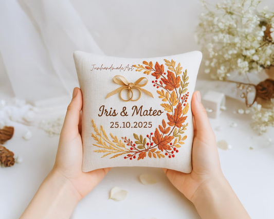 Personalized Embroidered Ring Bearer Pillow, Autumn Leaf Linen Wedding Gift, Hand Embroidery Ring Holder Leaf Woodland Pillow, Custom Name