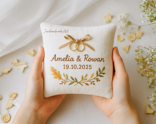 Personalized Embroidered Ring Bearer Pillow, Autumn Leaf Linen Wedding Gift, Hand Embroidery Ring Holder Leaf Woodland Pillow, Custom Name